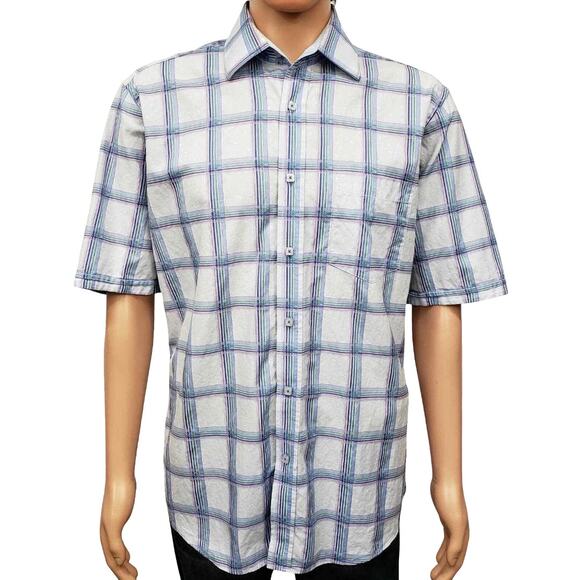 Bugatchi Shirt Short Sleeve Men L Blue Multicolor Plaid & Floral Button Up - Picture 1 of 12